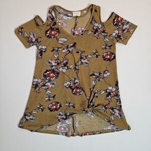 143 Story Cold Shoulder Floral Waffle Knit Top Olive‎ Green Medium USA Made